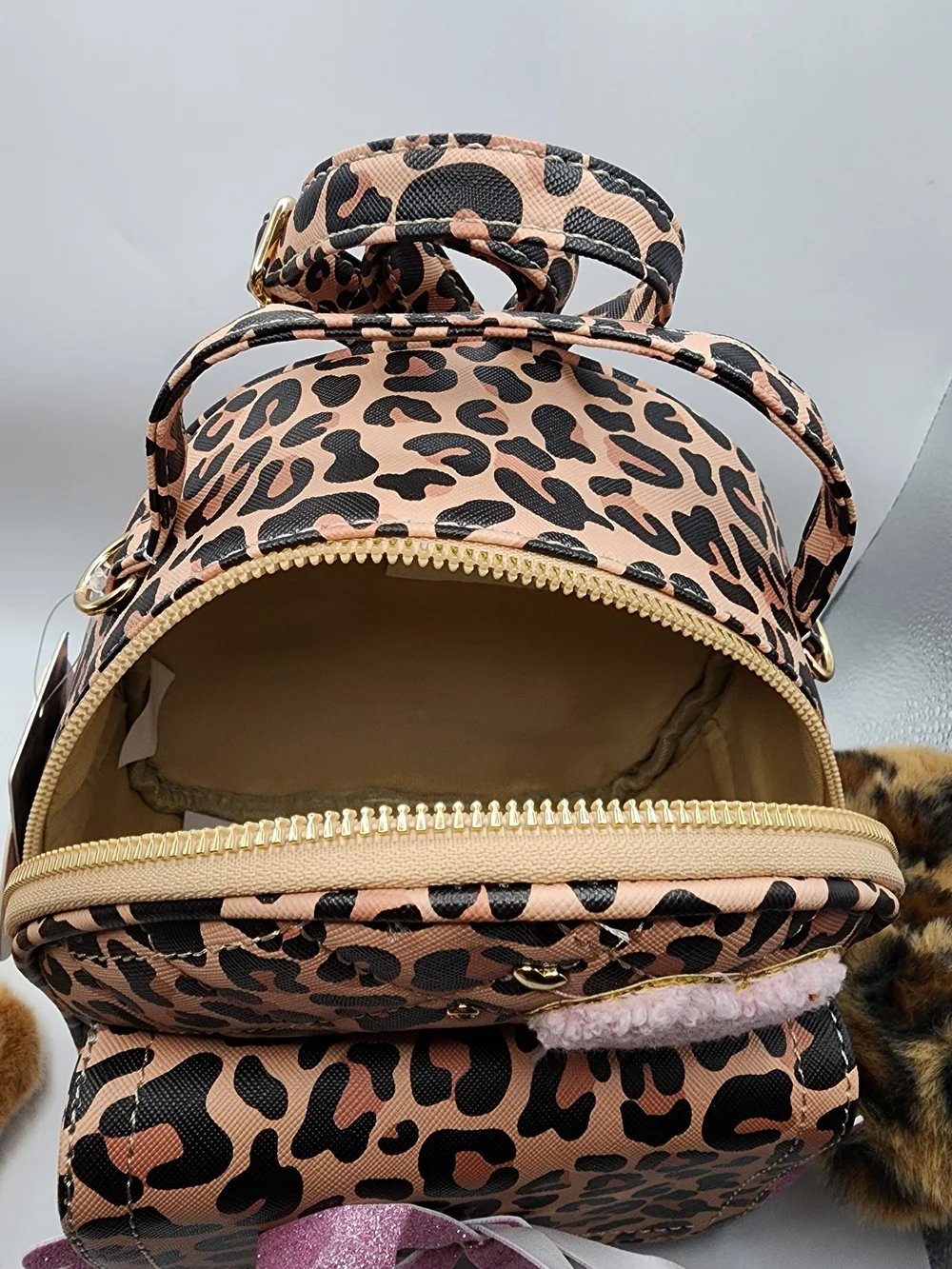 Under One Sky Pink Leopard Heart Mini Backpack with Glitter Bow